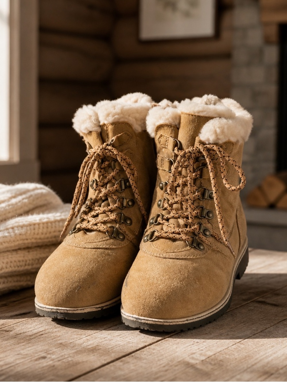 Women’s JBU Cozy Suede Lace-Up/Zipper Winter Boots - Tan Size 8